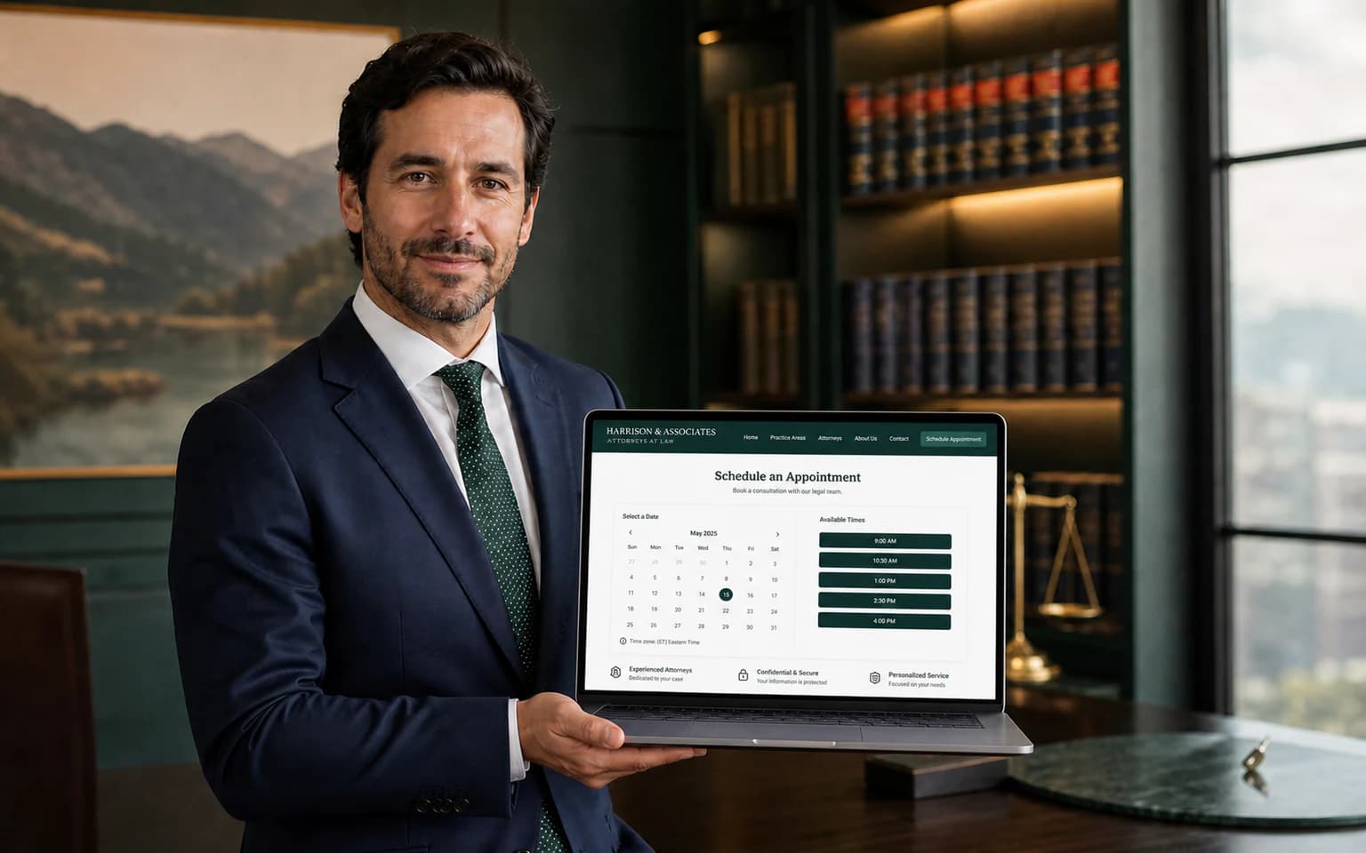 Abogado con agenda online mostrando su sitio web en laptop