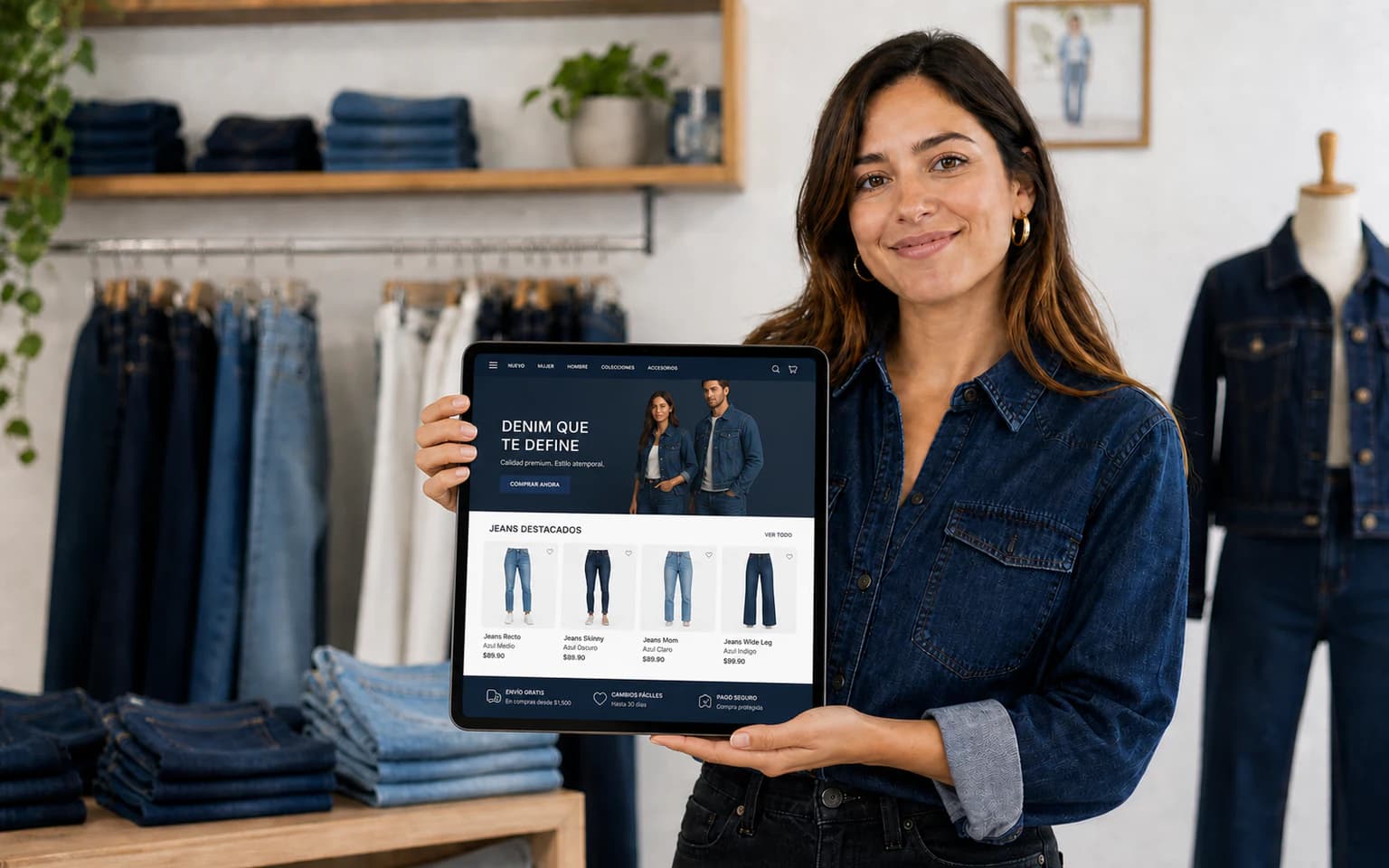 Tienda de jeans mostrando su sitio web en tablet