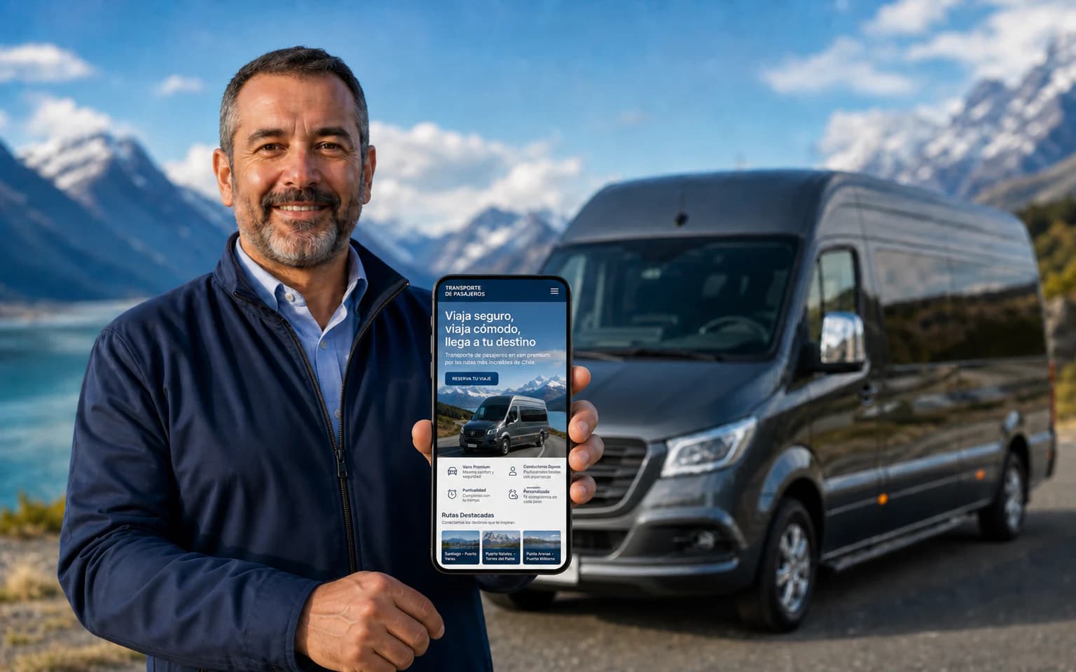 Transporte de pasajeros mostrando su sitio web en celular